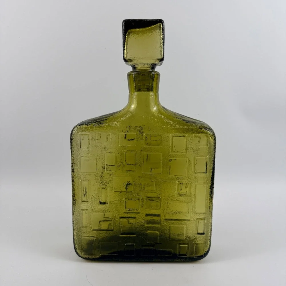 Empoli Brutalist Olive Green Art Glass Decanter Geometric Bottle Italy MCM